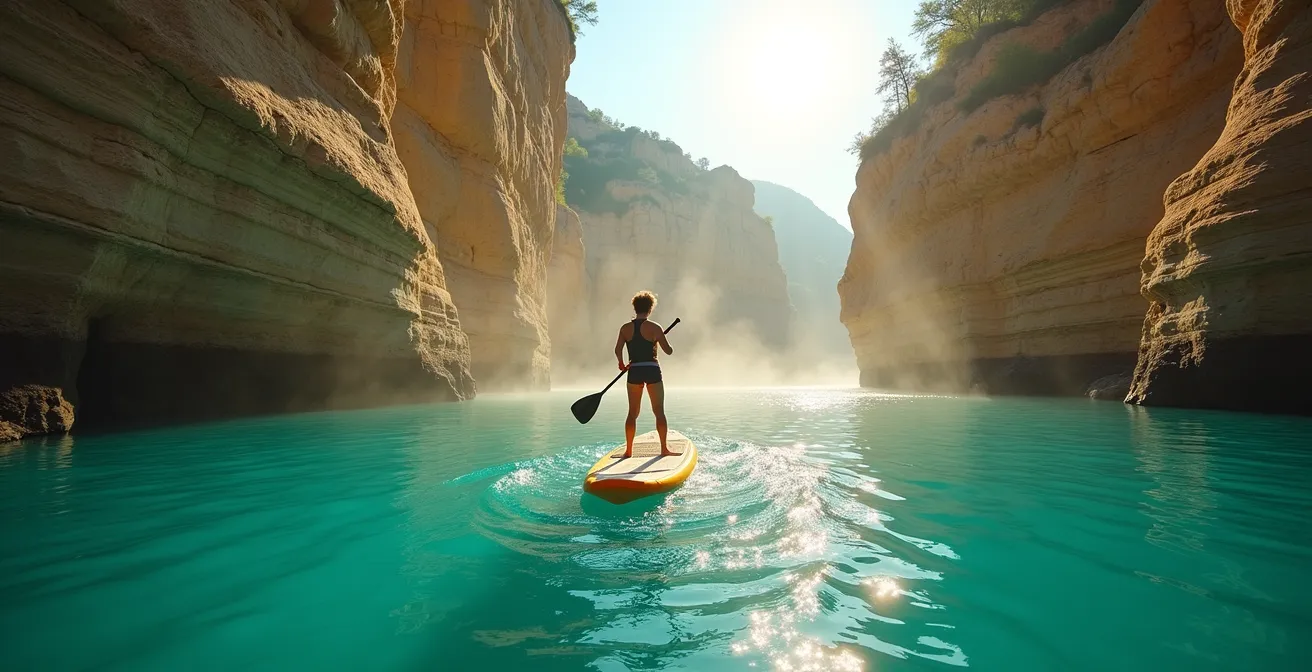 Adolescent pratiquant le paddle sur les eaux turquoise du Verdon