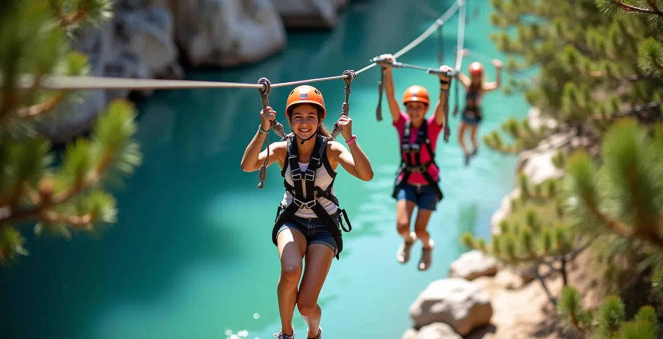 Groupe d'adolescents en pleine activité d'accrobranche dans les Gorges du Verdon