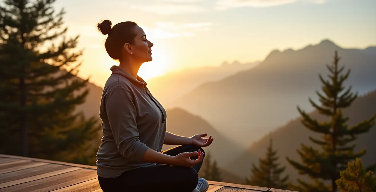 Personne pratiquant la respiration profonde face aux montagnes au lever du soleil
