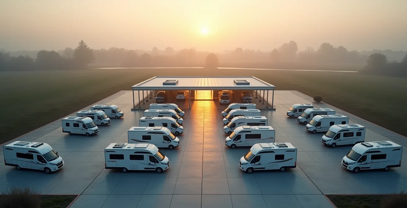 Vue aérienne minimaliste d'une aire de services moderne pour camping-cars au lever du soleil