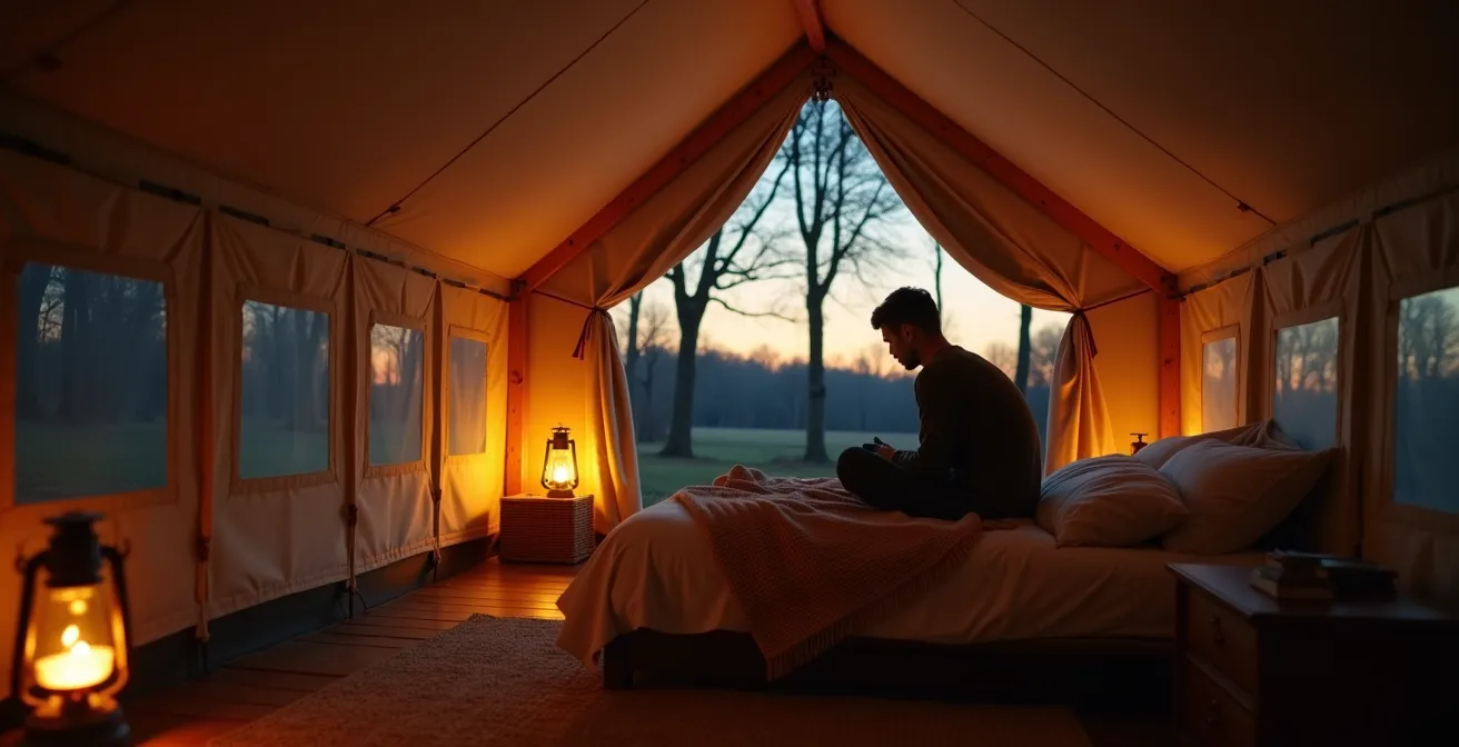 Intérieur d'une tente lodge la nuit avec lumière douce filtrant à travers la toile