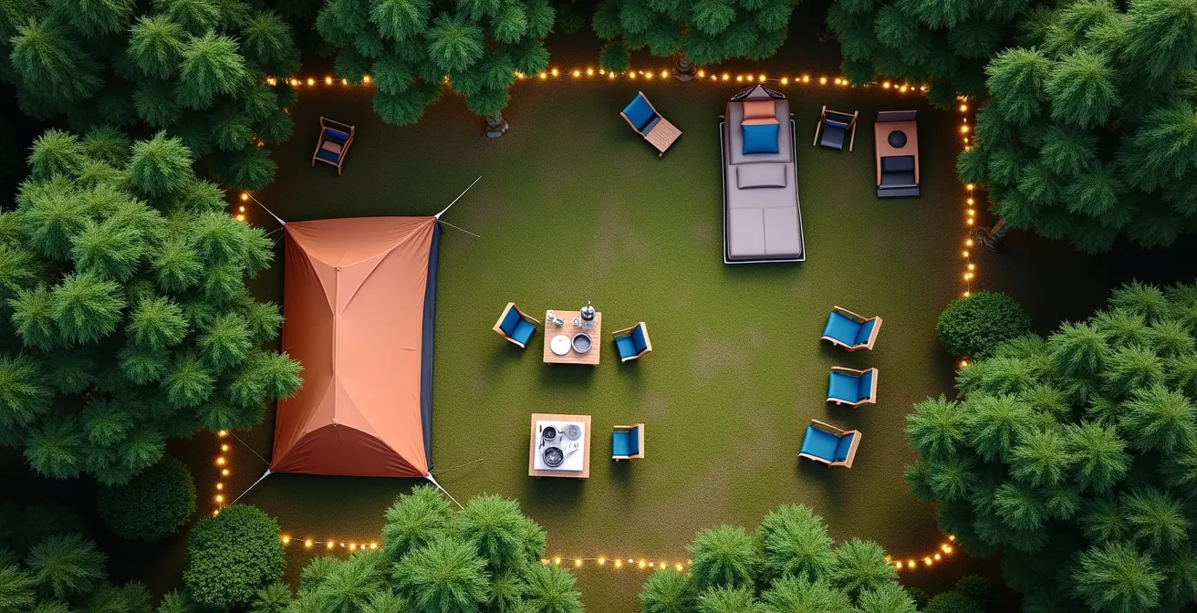 Vue aérienne d'un emplacement de camping organisé en zones distinctes avec tente, espace repas et détente