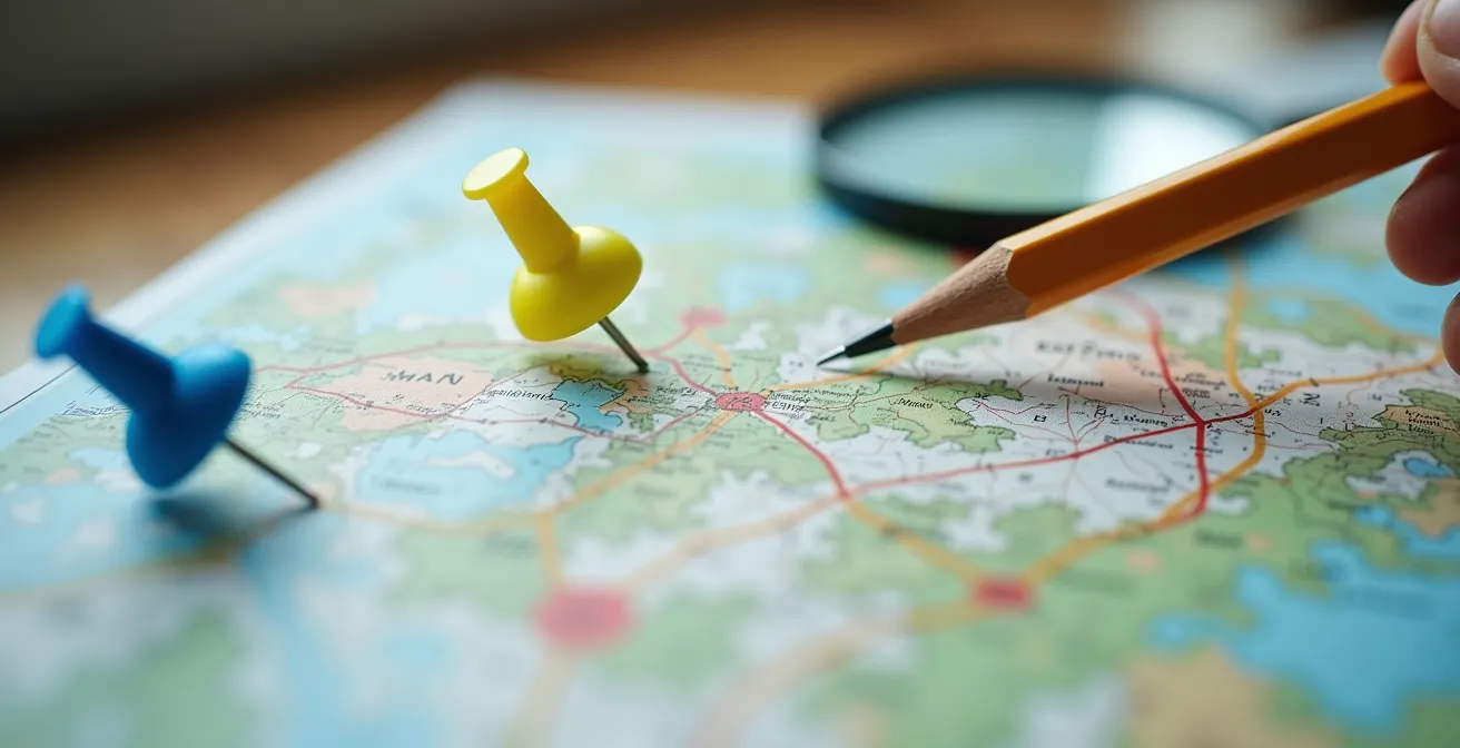 Vue macro d'un plan de camping avec annotations colorées et loupe posée dessus