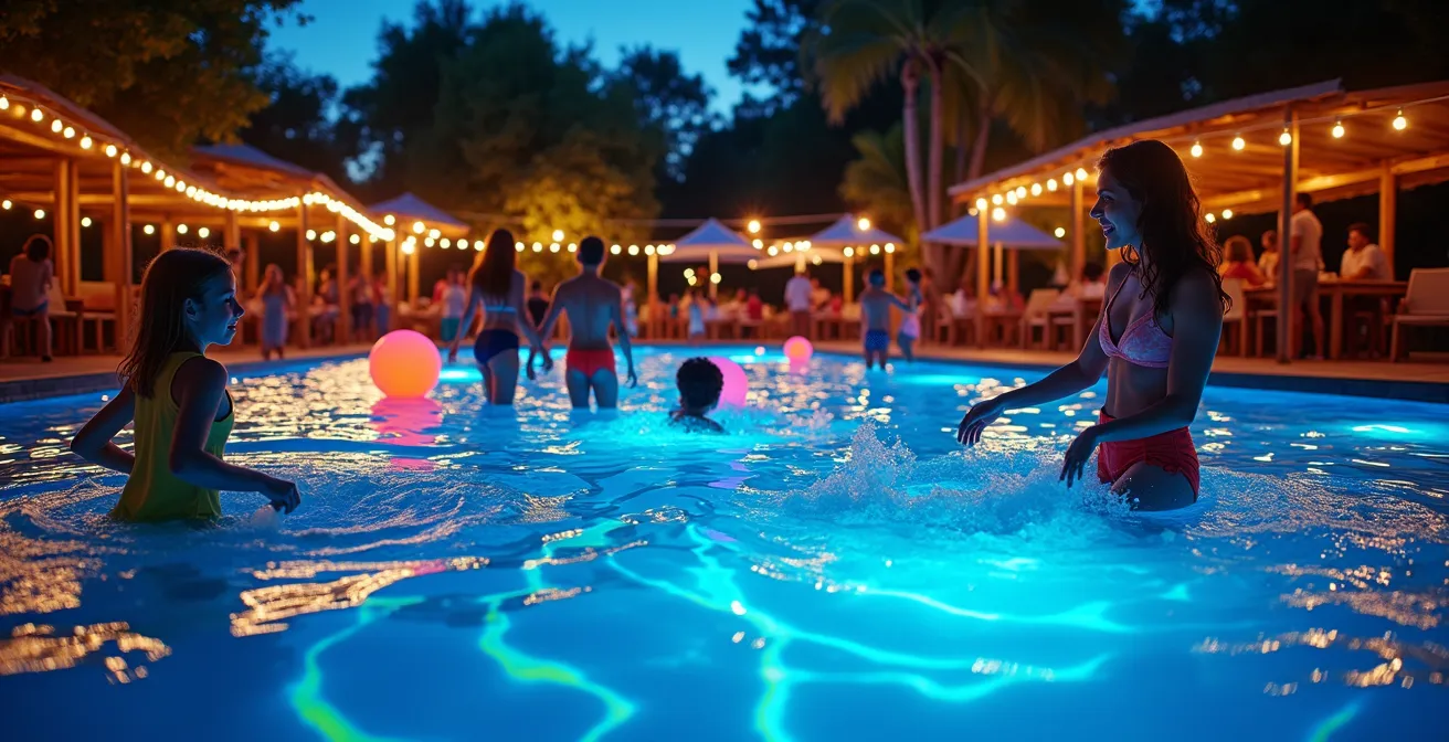 Soirée festive au bord d'une piscine de camping illuminée avec familles participant à des animations aquatiques