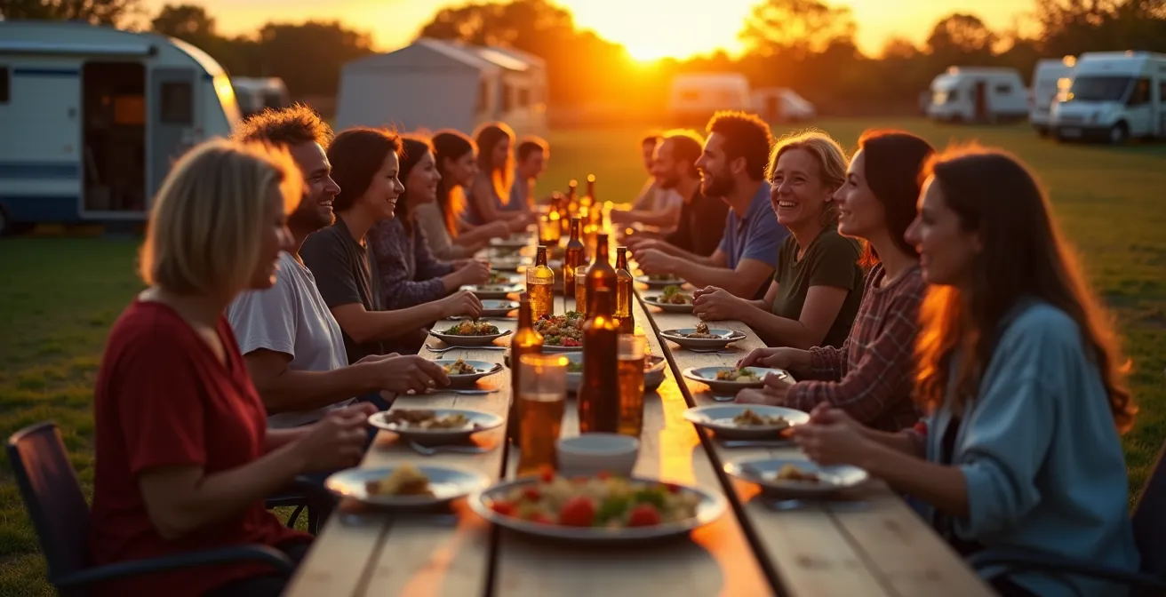 Groupe de campeurs partageant un apéritif au coucher du soleil
