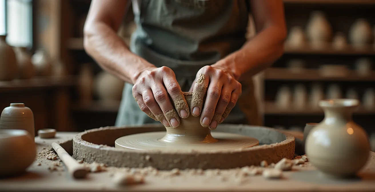 Gros plan sur les mains d'un artisan faïencier modelant délicatement une pièce de céramique dans son atelier traditionnel avec outils anciens et étagères de poteries en arrière-plan