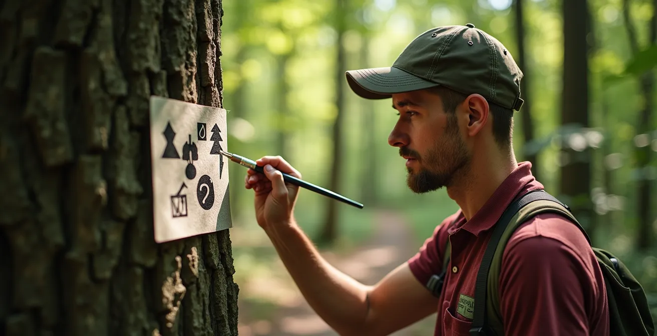 Un baliseur bénévole applique soigneusement une marque de peinture sur un arbre en forêt
