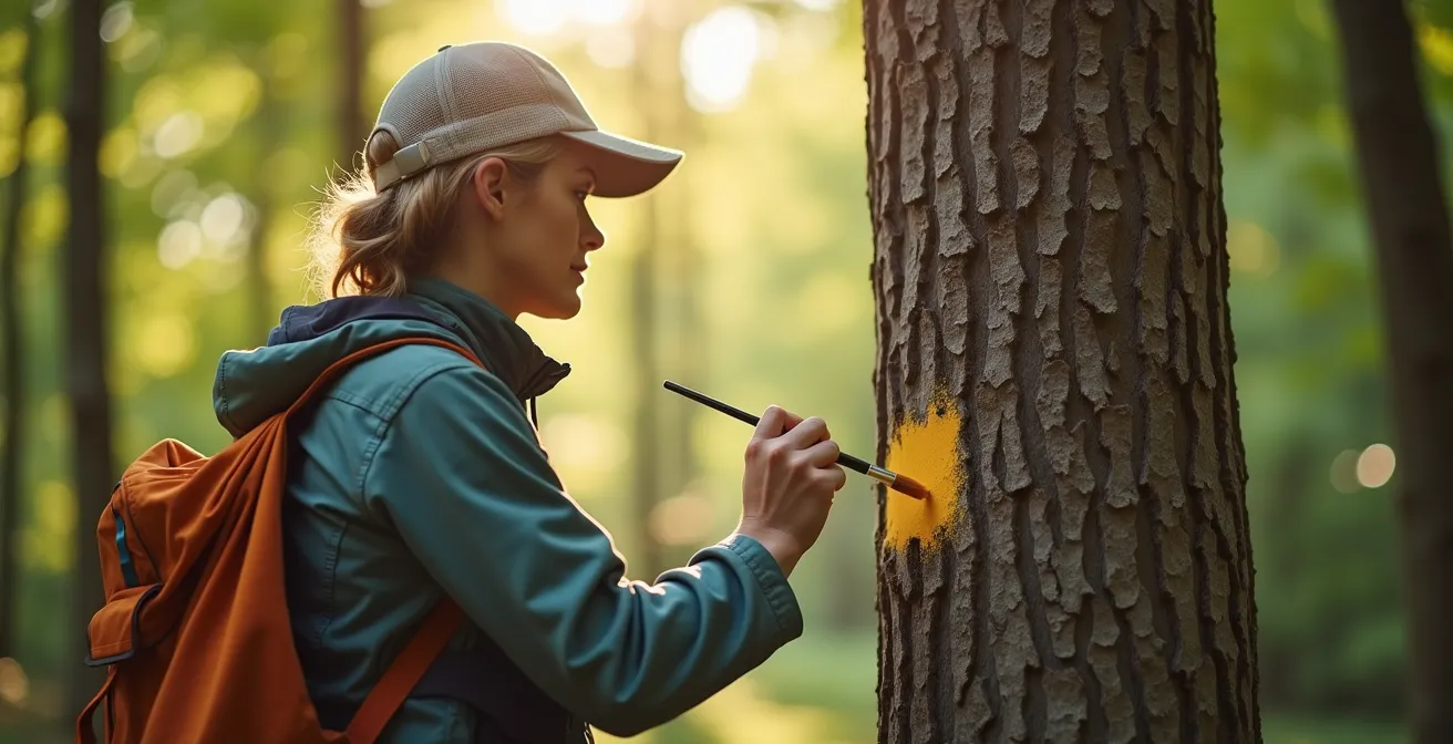 Bénévole en train d'appliquer de la peinture sur un arbre en forêt avec pinceau et pot de peinture