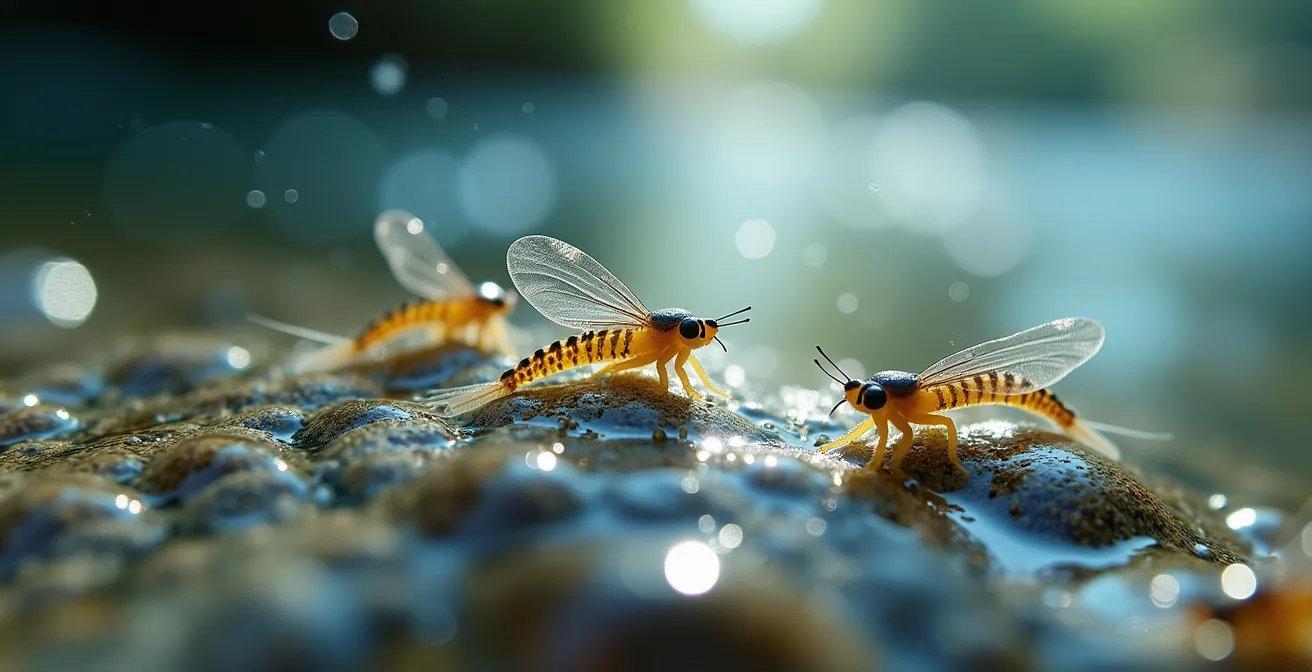 Vue macro de larves d'éphémères sur un galet de rivière, indicateurs naturels de la pureté de l'eau