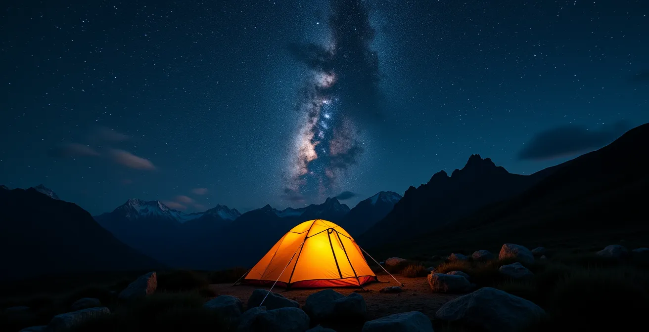 Campement de bivouac sous un ciel étoilé spectaculaire dans la réserve de ciel étoilé des Alpes de Haute-Provence