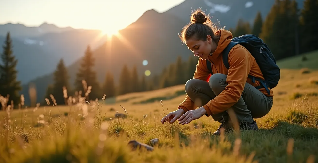 Randonneur effaçant ses traces de bivouac dans une prairie alpine au lever du soleil