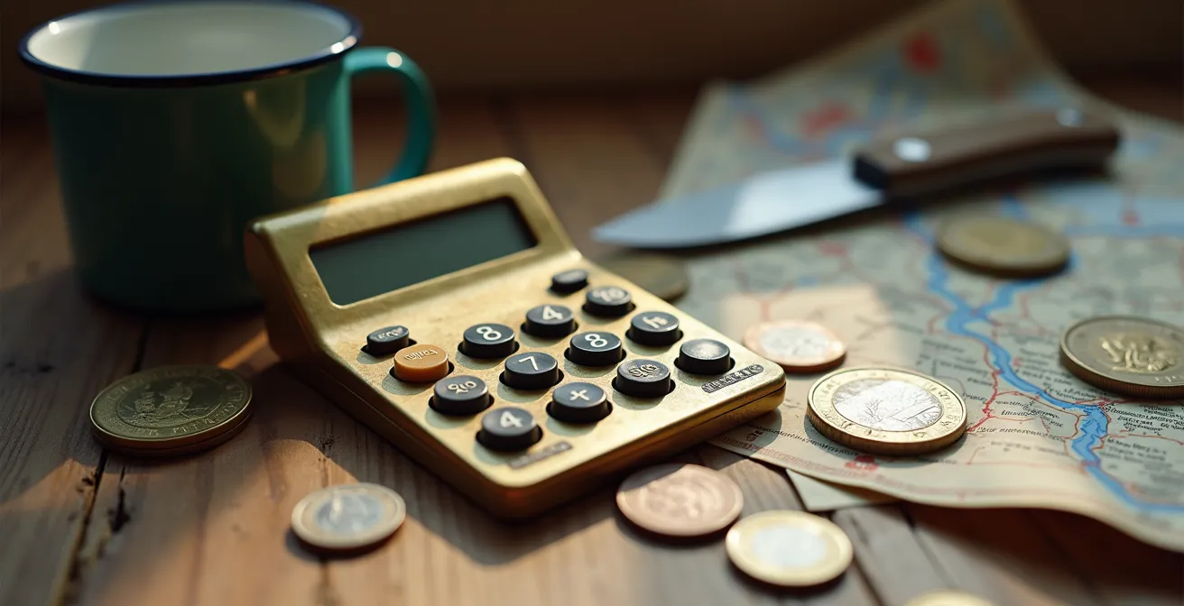 Calcul du budget camping avec calculatrice et pièces de monnaie sur table en bois
