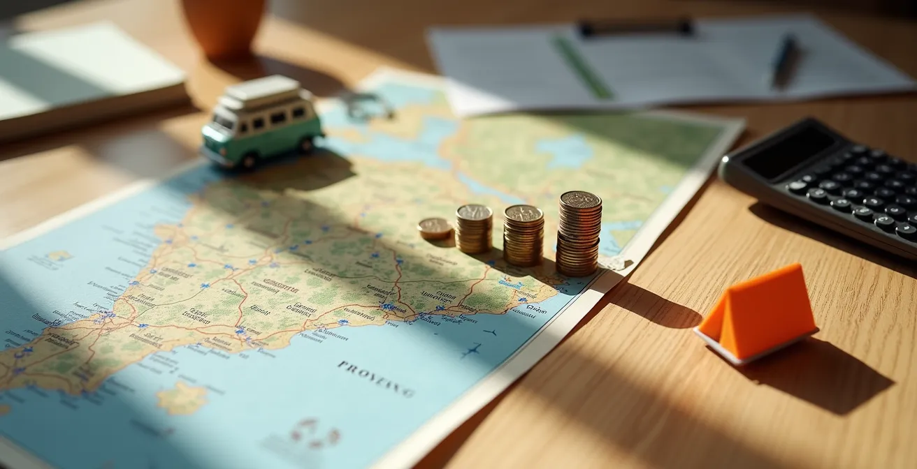 Famille calculant le budget vacances autour d'une table avec documents