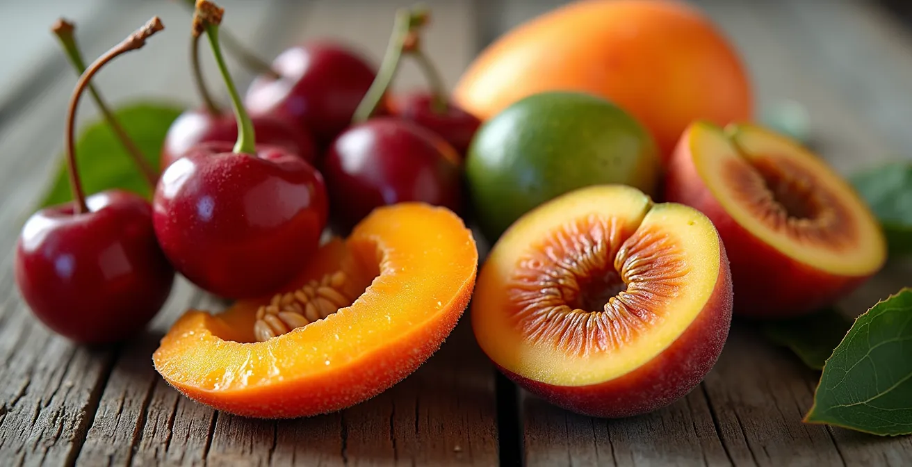 Calendrier visuel des saisons avec fruits et légumes typiques de Haute-Provence disposés en cercle