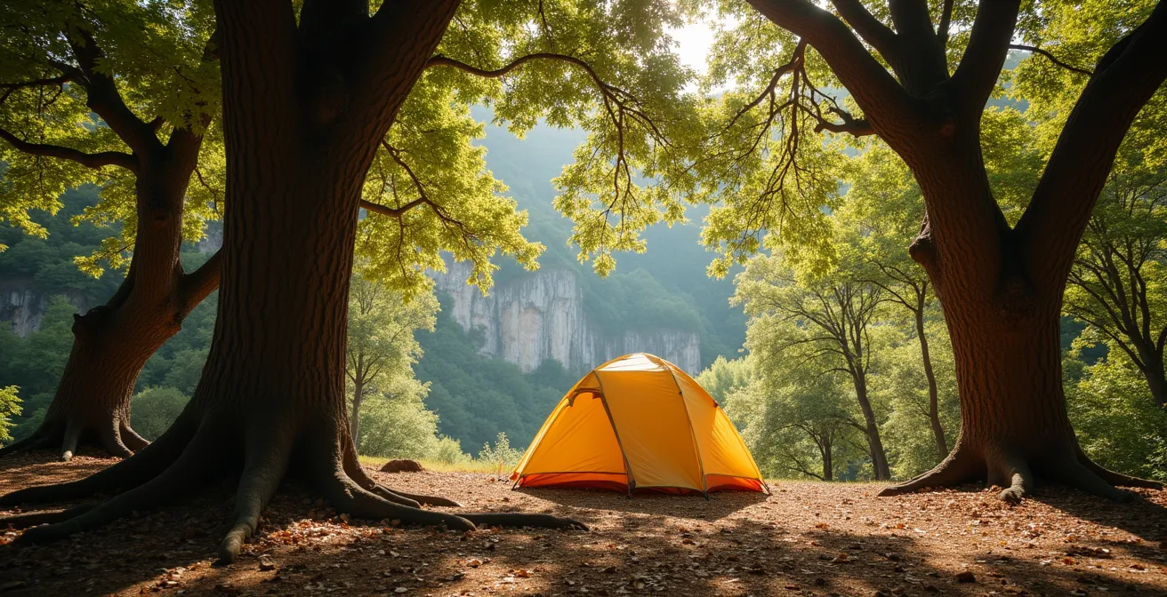 Emplacement de camping idyllique sous les châtaigniers centenaires avec vue sur les grès d'Annot