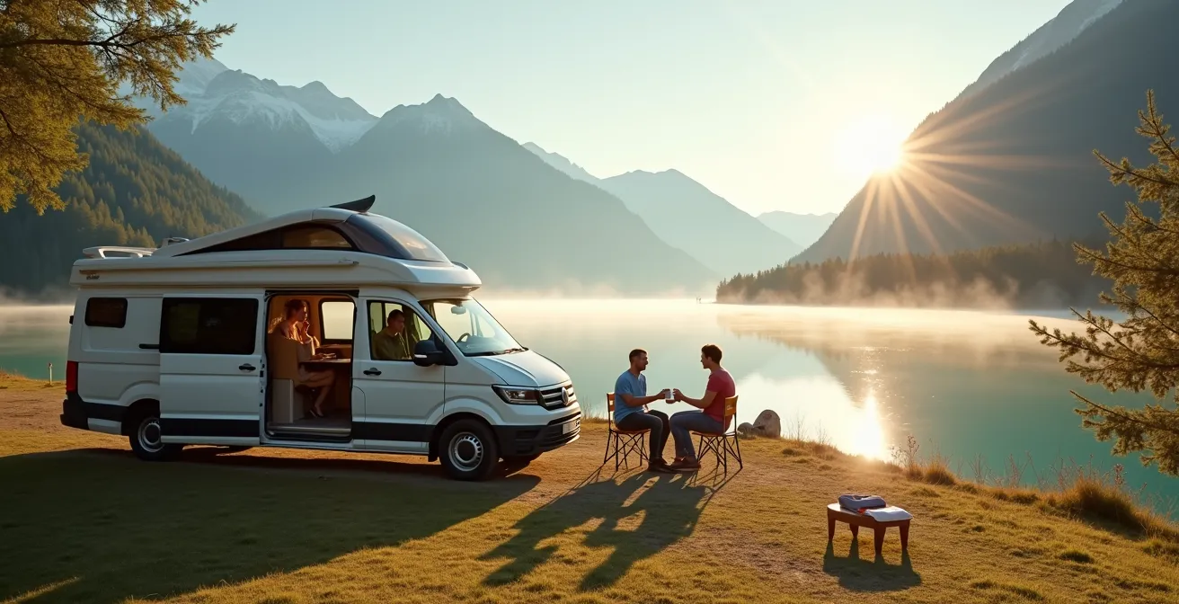Camping-car stationné au bord d'un lac alpin avec montagnes en arrière-plan