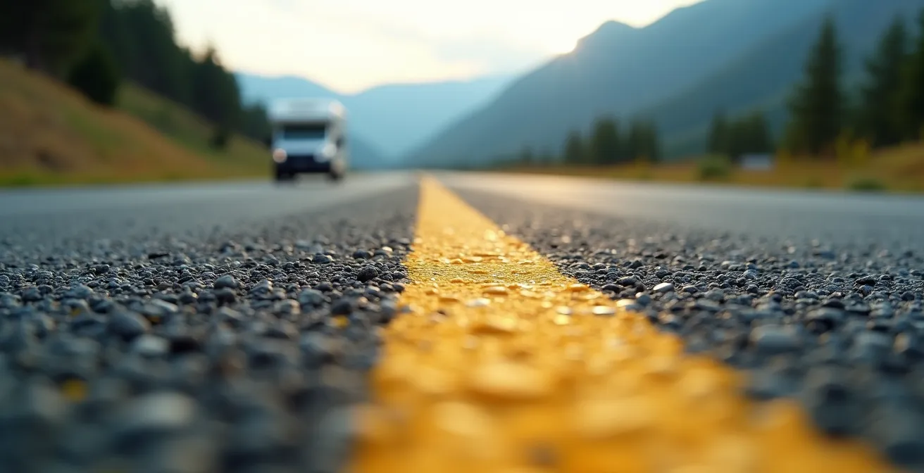 Camping-car parcourant une route panoramique surplombant les gorges avec vue spectaculaire sur les montagnes