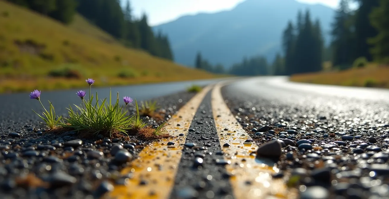 Camping-car traversant une route de montagne sinueuse avec vue panoramique sur la vallée