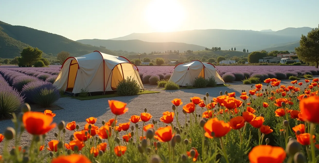 Camping paisible en Provence au printemps avec vue sur champs de coquelicots et lavande