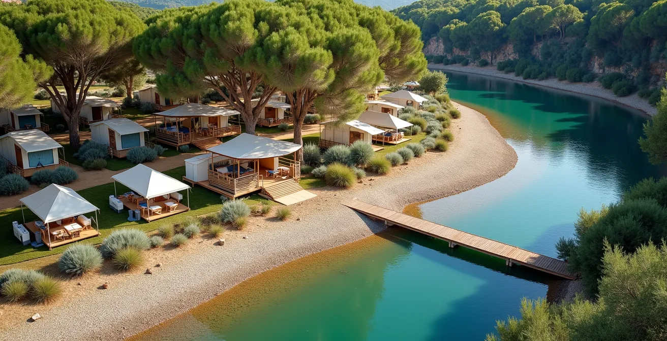 Vue aérienne d'un camping provençal avec emplacements ombragés donnant directement sur une rivière turquoise