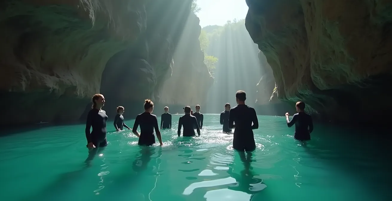 Groupe de canyonistes s'acclimatant progressivement à l'eau fraîche du Verdon en combinaison néoprène