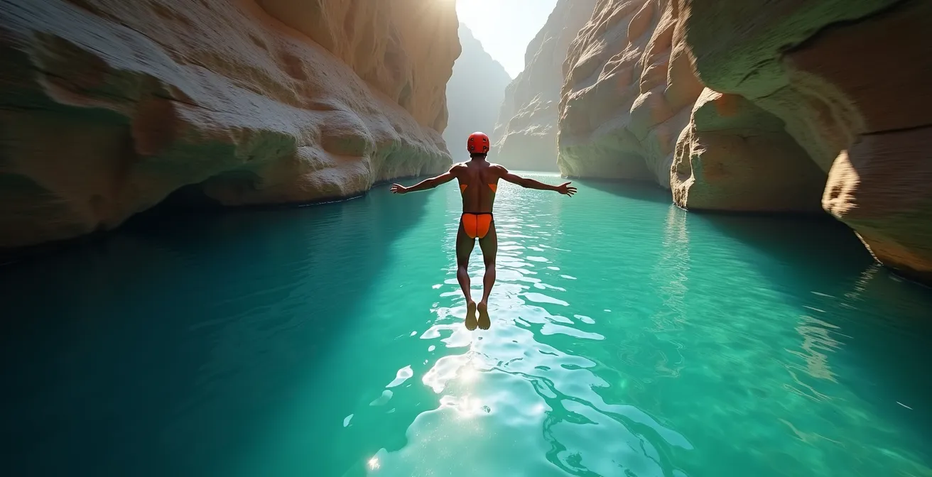 Personne sautant d'une petite cascade dans une vasque turquoise entourée de rochers