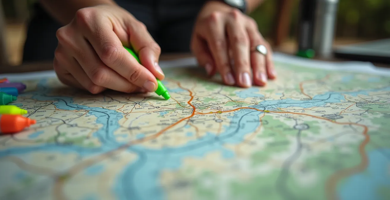 Gros plan sur des mains marquant une carte routière Michelin avec des surligneurs colorés
