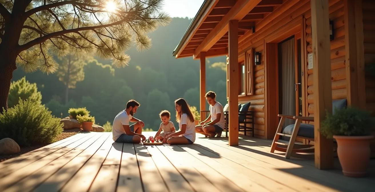 Chalet en bois niché sous les pins parasols avec une famille jouant sur la terrasse
