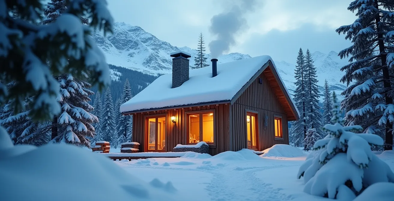 Chalet en bois sous la neige avec cheminée fumante dans un camping de montagne