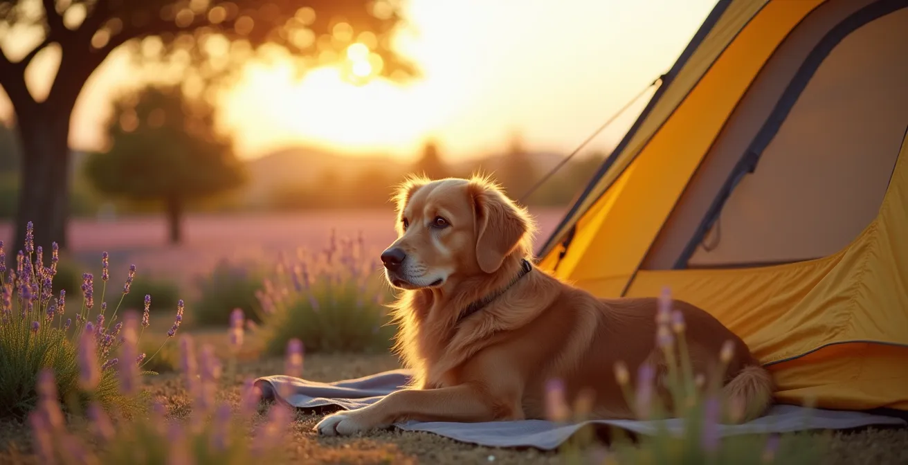 Chien golden retriever allongé devant une tente de camping dans la nature provençale