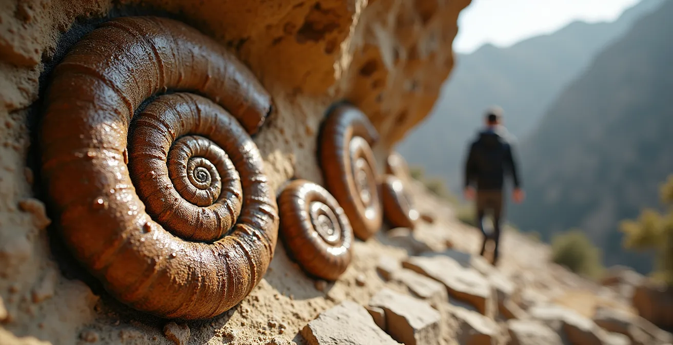 Randonneur observant la dalle aux ammonites dans son environnement géologique spectaculaire