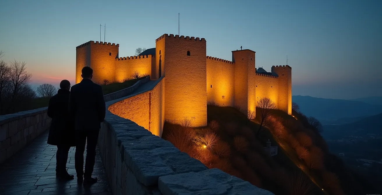 Vue de la citadelle de Sisteron baignée dans la lumière dorée du soir avec des visiteurs en silhouette