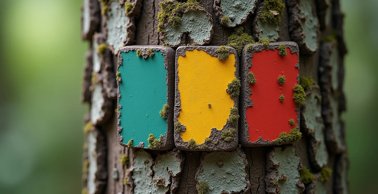 Tronc d'arbre avec trois marques de peinture colorées représentant différents types de sentiers de randonnée