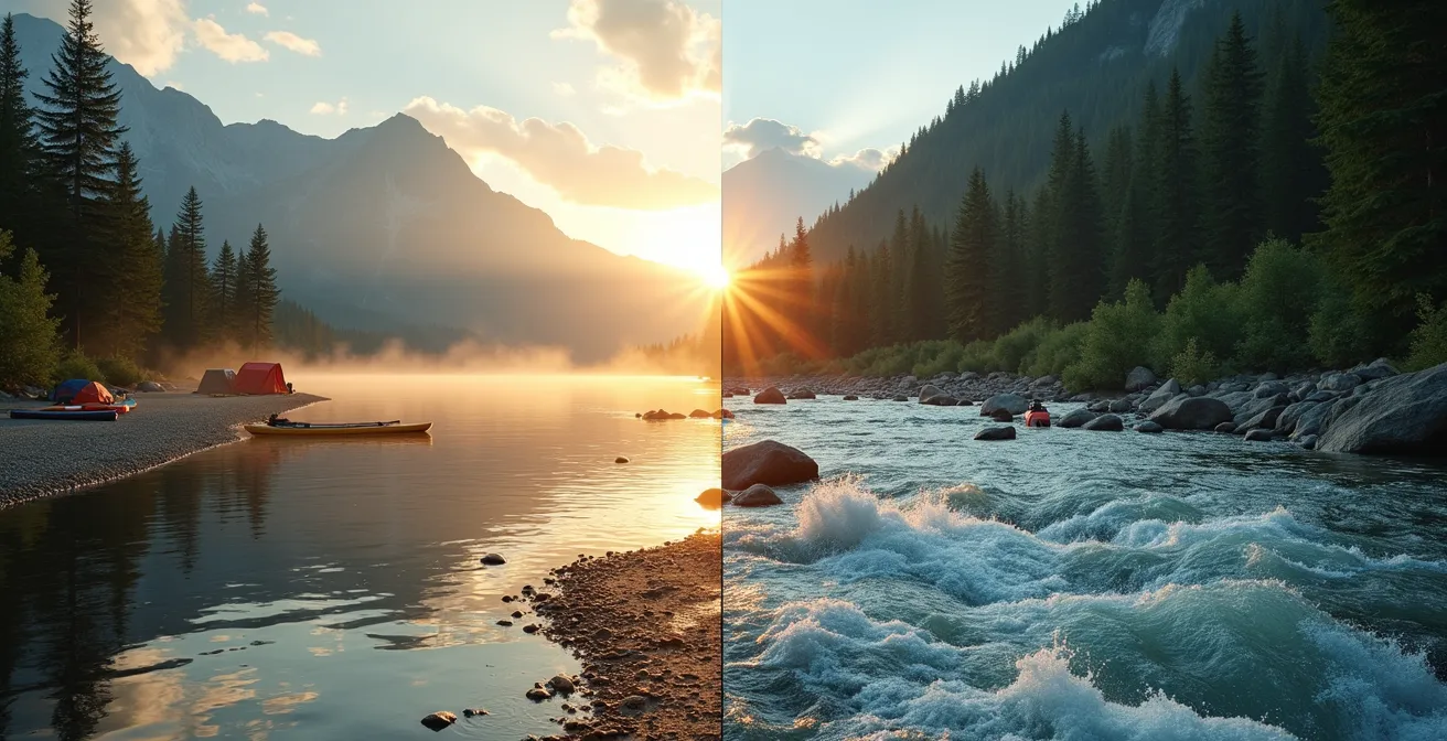 Vue comparative montrant un camping au bord d'un lac calme et un autre au bord d'une rivière vive