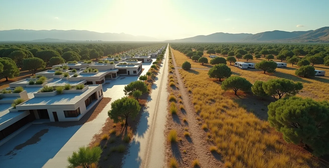 Vue aérienne comparative montrant l'imperméabilisation des sols entre un hôtel bétonné et un camping verdoyant