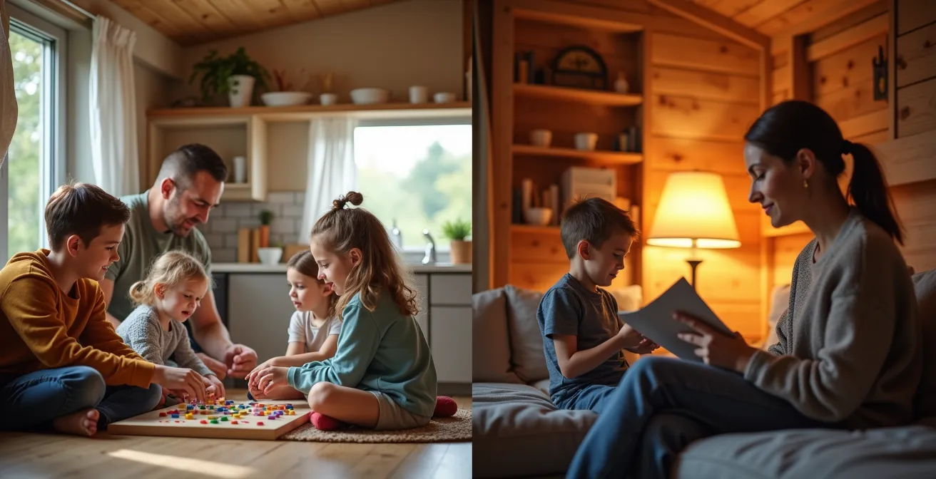 Vue comparative d'un intérieur de mobil-home moderne et d'un chalet en bois avec famille