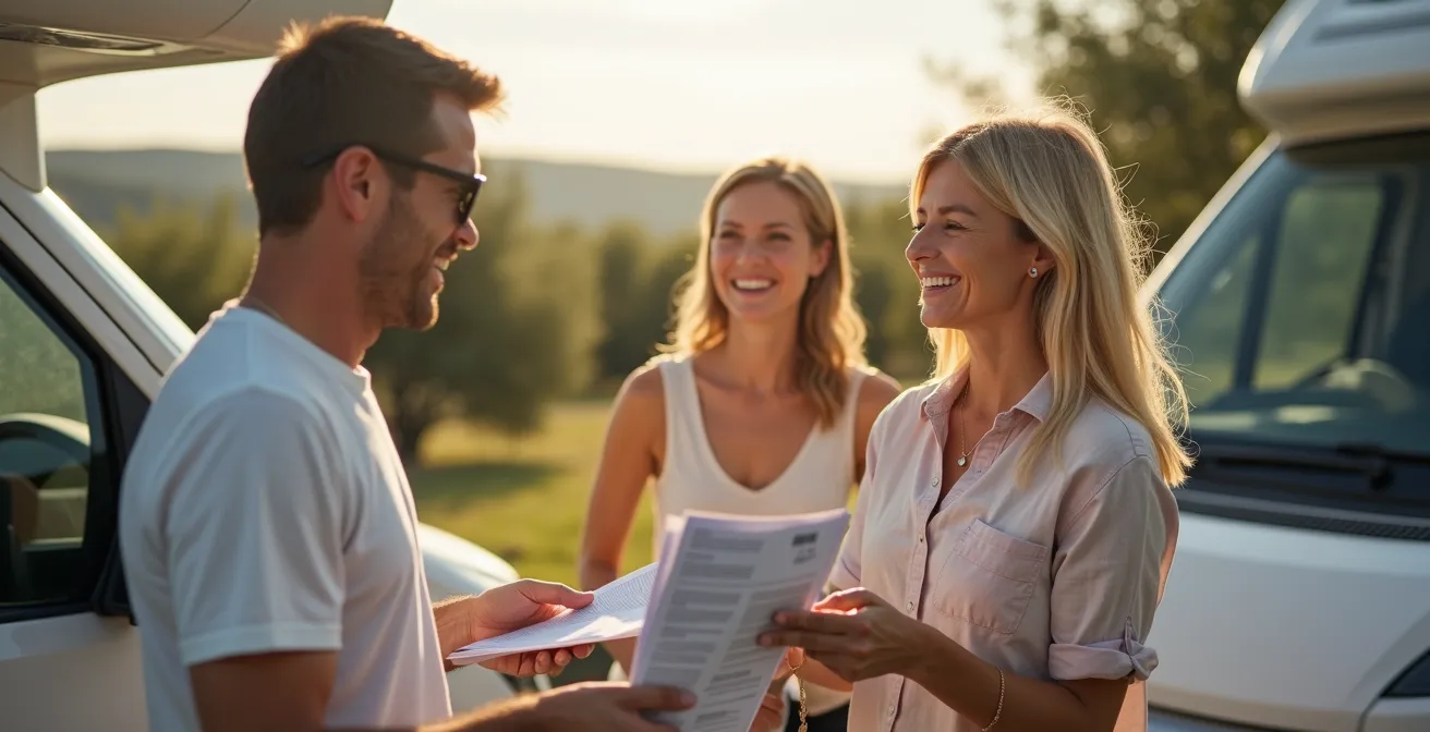 Deux personnes discutant devant un camping-car avec des documents de location, symbolisant la confiance lors d'une location.