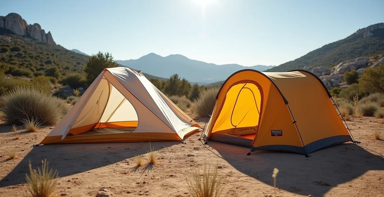 Comparaison visuelle entre une tente dôme et une tente tunnel installées dans un paysage provençal
