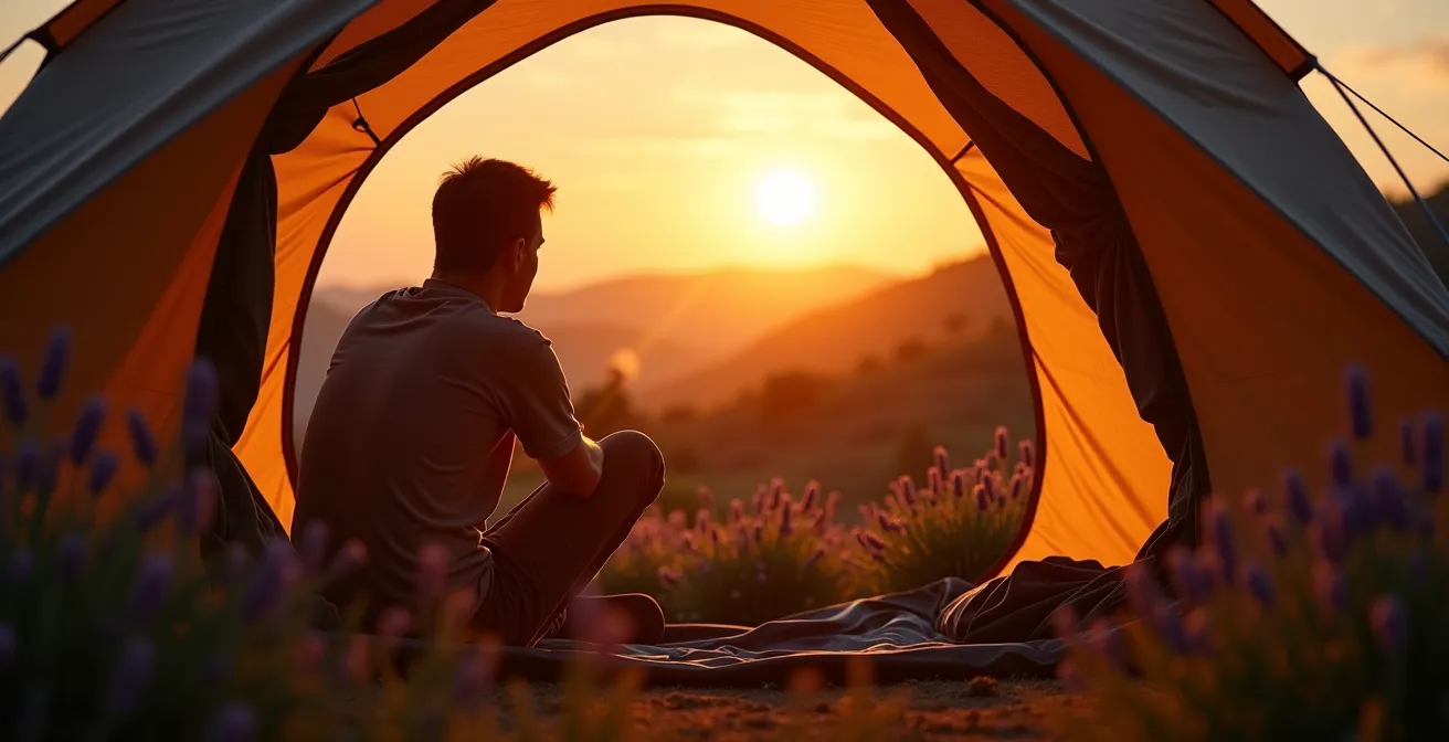 Campeur contemplant le lever de soleil sur les collines provençales depuis sa tente