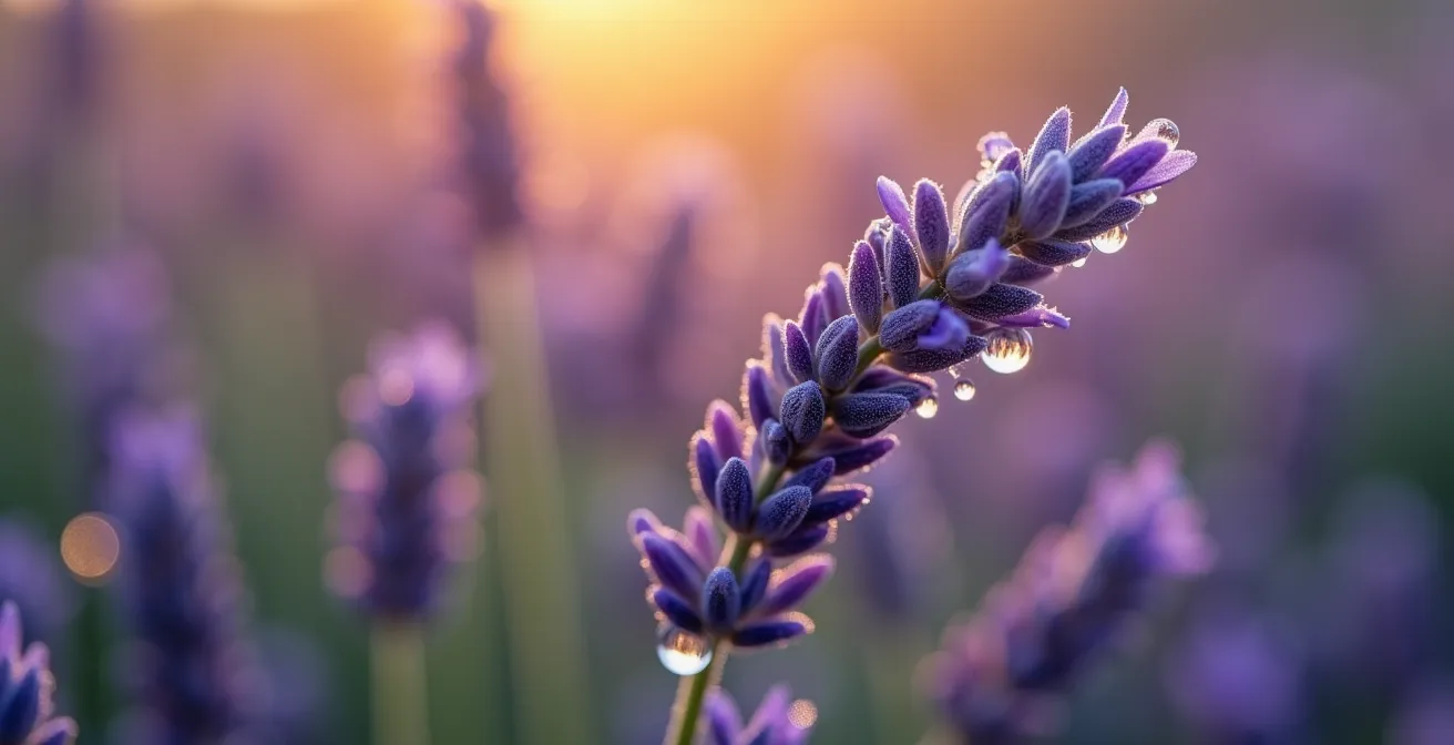 Détail macro d'une branche de lavande avec rosée matinale dans la lumière dorée provençale