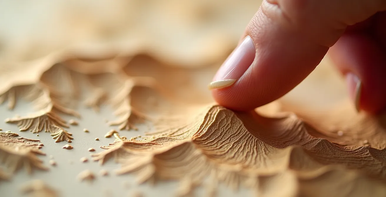 Gros plan sur des courbes de niveau d'une carte topographique avec doigt pointant les lignes