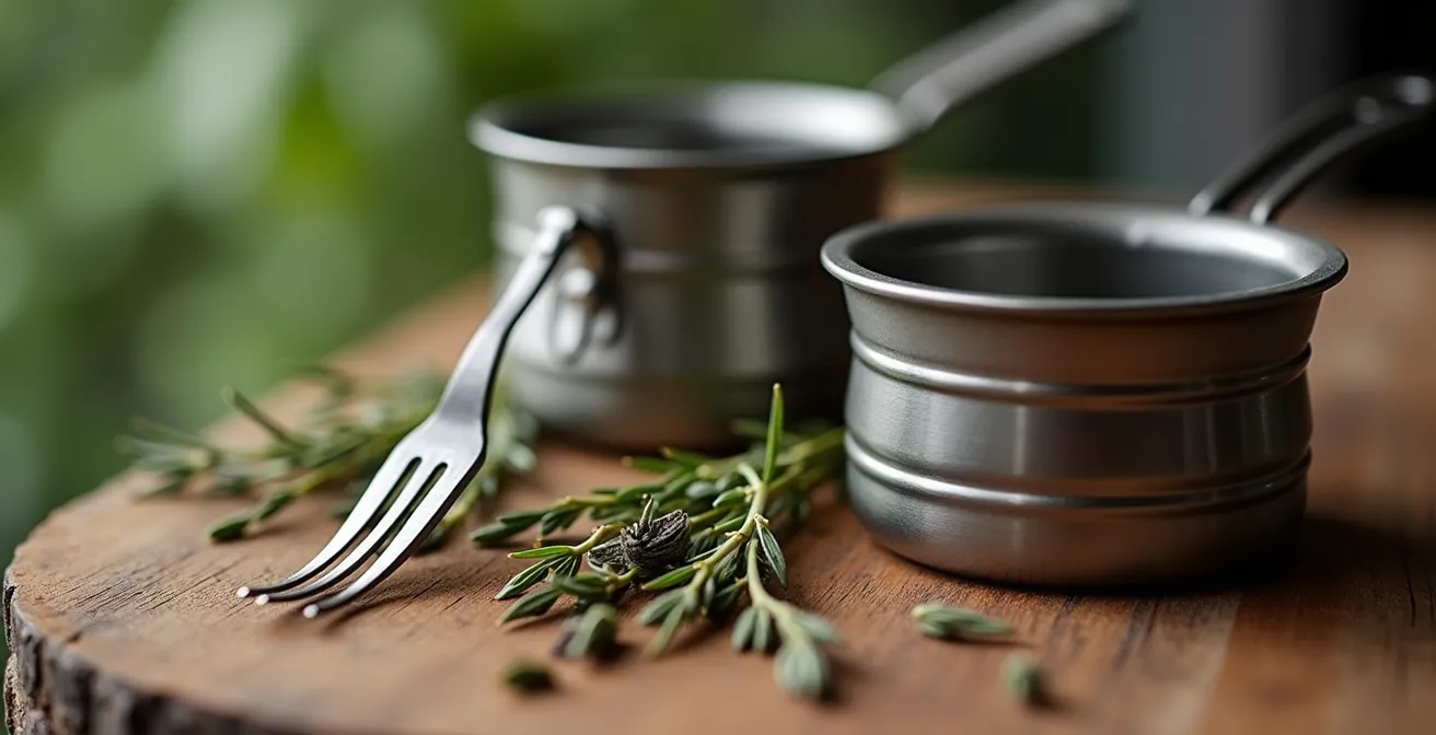 Ustensiles de cuisine multifonctions pour camping disposés sur table en bois avec herbes de Provence