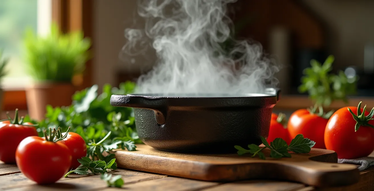 Cuisine ouverte de chalet avec cocotte fumante sur plaque de cuisson et ingrédients frais du marché