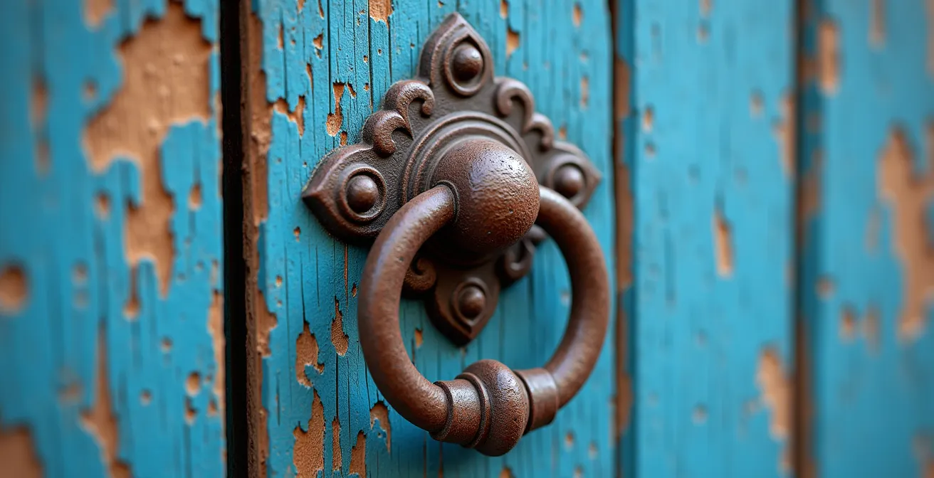 Détail macro d'une vieille porte en bois avec heurtoir ancien
