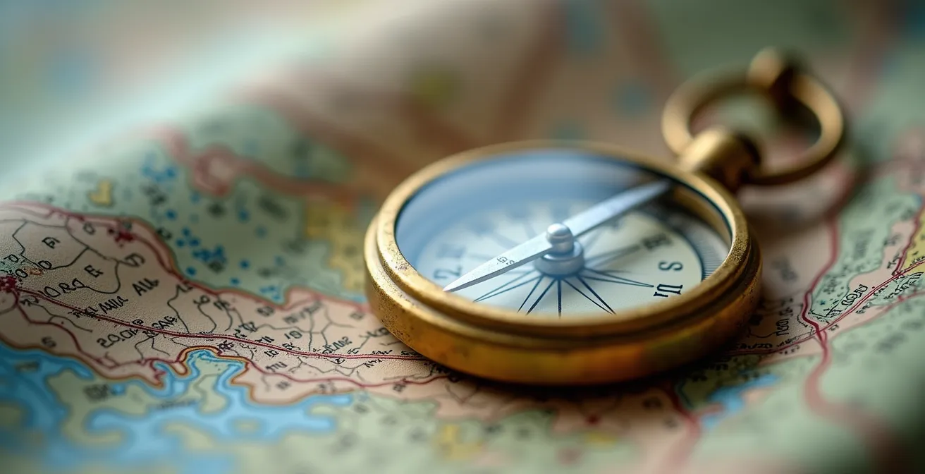 Vue macro d'une carte topographique IGN avec boussole posée dessus montrant les courbes de niveau