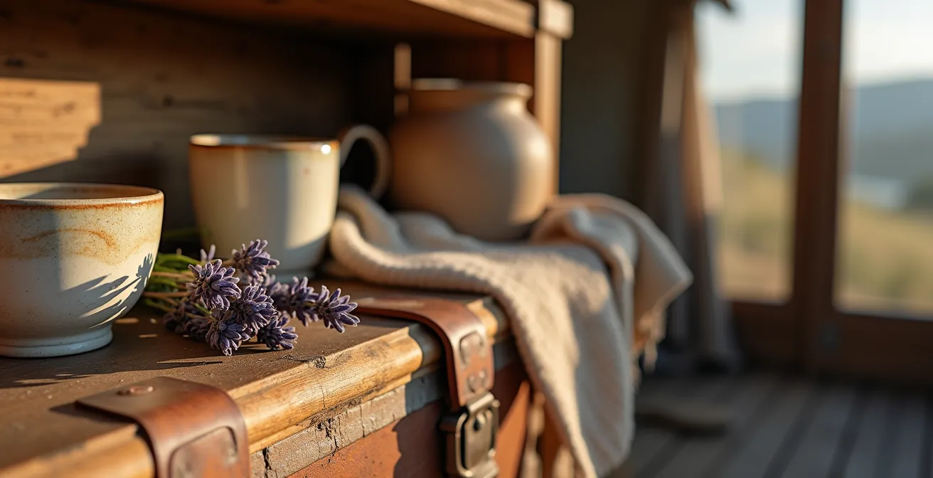 Gros plan sur les détails authentiques d'un intérieur de glamping montrant l'âme du lieu