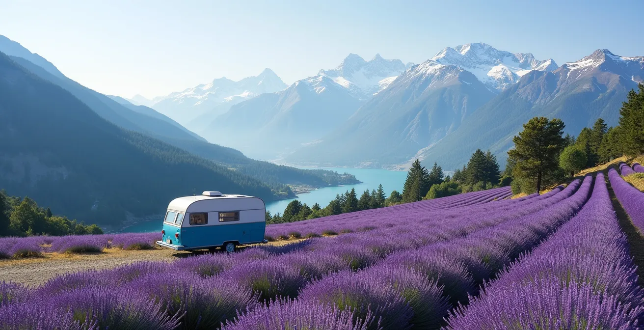 Collage naturel montrant la transition entre champs de lavande, gorges du Verdon et sommets alpins