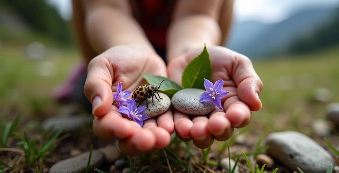 Enfants observant des marmottes avec des jumelles dans un pré alpin fleuri