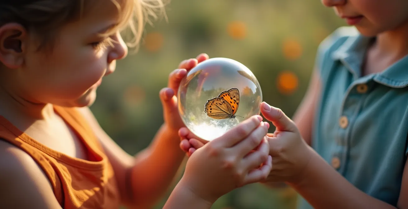 Enfants observant des papillons avec des boîtes loupes dans la garrigue provençale