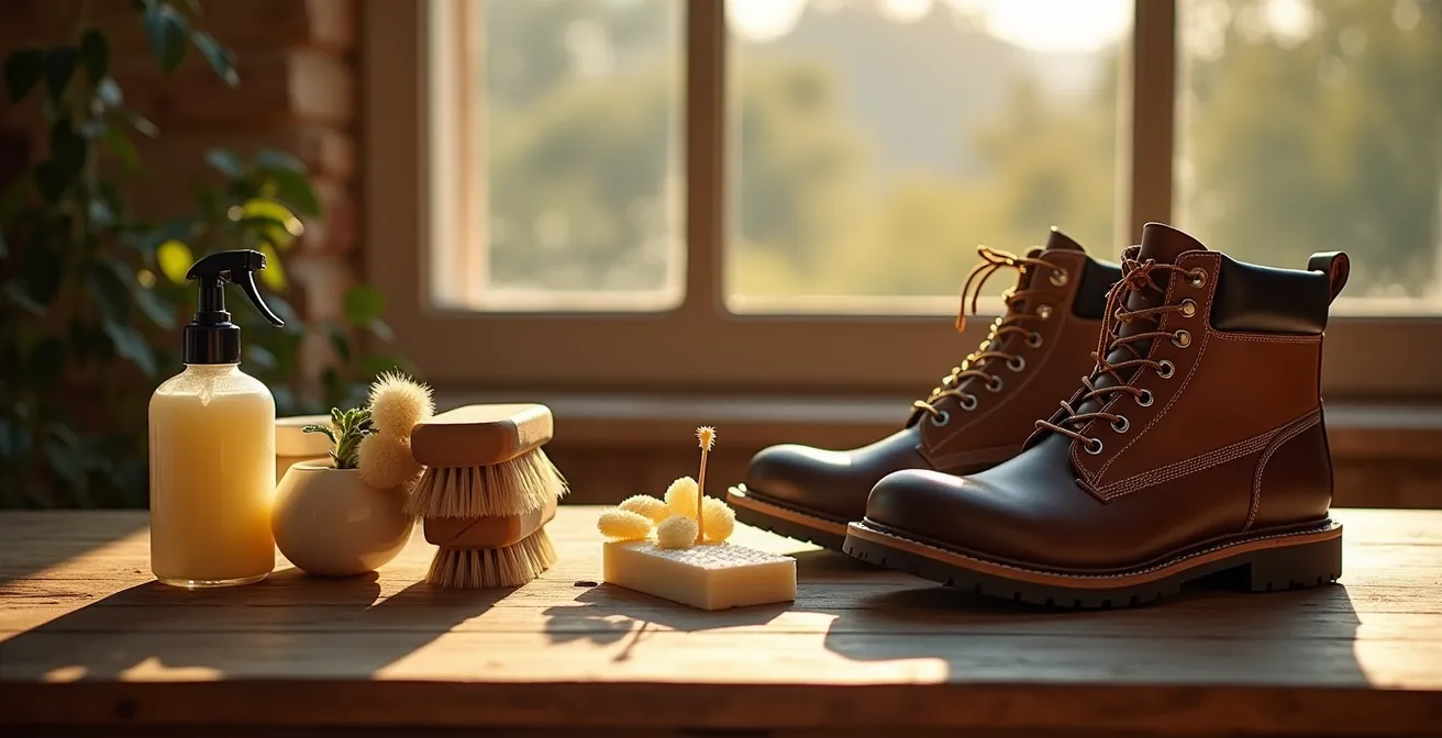 Kit d'entretien pour chaussures de randonnée disposé sur une table en bois avec lumière naturelle